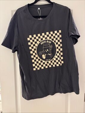Graphic Checkerboard T-Shirt with 'Milk Bar' Print - Black & Cream - Nursing Tee